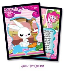 Size: 1318x1442 | Tagged: safe, angel bunny, pinkie pie, earth pony, pony, rabbit, g4, animal, basket, carrot, female, food, mare, trading card