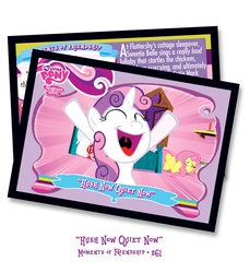 Size: 1318x1442 | Tagged: safe, fluttershy, sweetie belle, pegasus, pony, unicorn, g4, official, stare master, eyes closed, female, filly, hush now quiet now, solo, trading card, uvula