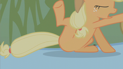 Size: 853x480 | Tagged: safe, screencap, applejack, rainbow dash, earth pony, pegasus, pony, bridle gossip, g4, season 1, applejack riding rainbow dash, eyes closed, female, mare, micro, out of context, ponies riding ponies, riding, solo focus