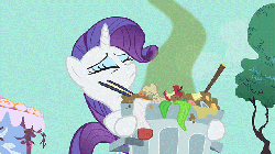 Size: 640x360 | Tagged: safe, screencap, rarity, pony, unicorn, g4, party of one, season 1, animated, eyes closed, female, freegan, gif, mare, smelly, solo, trash, trash can, visible stench