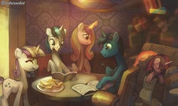 Size: 900x537 | Tagged: safe, artist:electrixocket, night light, princess cadance, shining armor, twilight sparkle, twilight velvet, alicorn, pony, unicorn, g4, book, couch, family, female, food, husband and wife, interior, magic, male, mare, present, reading, sandwich, ship:nightvelvet, ship:shiningcadance, shipping, sitting, sleeping, sparkle family, stallion, straight