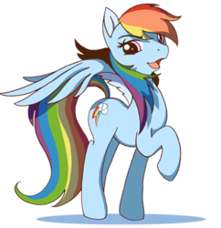Size: 400x414 | Tagged: dead source, safe, artist:science fox, rainbow dash, pegasus, pony, g4, backwards cutie mark, female, mare, open mouth, raised hoof, simple background, solo, transparent background