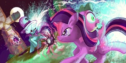 Size: 2400x1200 | Tagged: safe, artist:docwario, spike, trixie, twilight sparkle, dragon, pony, unicorn, g4, cape, clothes, dragons riding ponies, female, fight, hat, lightning, magic, male, mare, moon, night, riding, running, spike riding twilight, trio, trixie's cape, trixie's hat