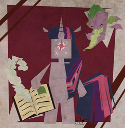 Size: 808x830 | Tagged: safe, artist:parcondicio, spike, twilight sparkle, dragon, semi-anthro, g4, abstract background, book, duo, female, male, myst, quill