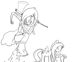 Size: 1000x800 | Tagged: safe, artist:that-technique, fluttershy, pegasus, pony, g4, axe, breasts, crossover, drool, duo, duo female, eyes on the prize, female, flower, grin, imminent death, mare, monochrome, skadi, smiling, sniffing, stalker, stalking, weapon