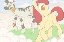 Size: 1200x800 | Tagged: safe, artist:jakneurotic, apple bloom, zecora, earth pony, pony, zebra, g4, bracelet, colored pupils, dandelion, duo female, ear piercing, earring, female, filly, flower, jewelry, mare, neck rings, piercing, quadrupedal, walking