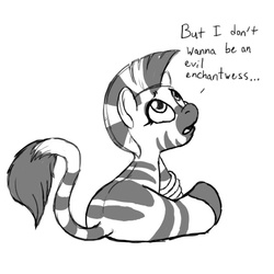 Size: 600x600 | Tagged: safe, artist:moophins, zecora, pony, zebra, g4, cute, evil enchantress, female, filly, foal, looking up, monochrome, sitting, solo, younger, zecorable