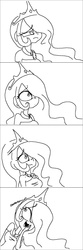 Size: 800x2400 | Tagged: safe, artist:that-technique, princess celestia, human, g4, comic, female, hair over one eye, humanized, laughing, monochrome, princess, solo