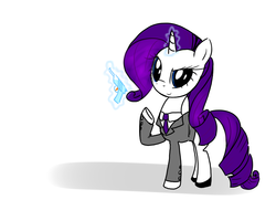 Size: 1000x800 | Tagged: safe, artist:that-technique, rarity, pony, unicorn, g4, clothes, female, looking at you, mare, raised hoof, smiling, smirk, solo, suit, watergun