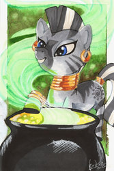 Size: 432x648 | Tagged: safe, artist:skardash, zecora, pony, zebra, g4, cauldron, female, mare, smiling, solo, traditional art