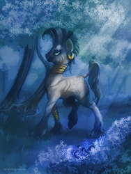 Size: 900x1200 | Tagged: safe, artist:rem-jericho, zecora, pony, zebra, g4, crepuscular rays, ear piercing, earring, everfree forest, featured image, female, flower, fluffy, frown, glare, jewelry, looking at you, mare, piercing, poison joke, raised leg, solo, tree, unshorn fetlocks