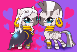 Size: 1118x760 | Tagged: safe, artist:araraginatsuki, zecora, zebra, g4, luna eclipsed, abstract background, alternate hairstyle, butt, clothes, costume, cute, dress, duality, female, heart, long hair, mare, nightmare night, pixiv, plot, quadrupedal, raised hoof, robes, self ponidox, smiling, zecorable