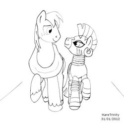 Size: 504x500 | Tagged: safe, artist:haretrinity, big macintosh, zecora, earth pony, pony, zebra, g4, eye contact, female, looking at each other, macora, male, mare, monochrome, shipping, smiling, stallion, straight, walking