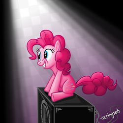 Size: 1000x1000 | Tagged: safe, artist:scrimpeh, pinkie pie, earth pony, pony, g4, female, grin, mare, sitting, smiling, solo, speaker, subwoofer