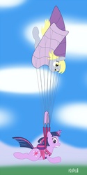 Size: 708x1413 | Tagged: safe, artist:phallen1, derpy hooves, twilight sparkle, pegasus, pony, unicorn, g4, duo, duo female, falling, female, mare, parachute, sky, skydiving, tangled up, unicorn twilight, worried