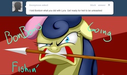 Size: 1280x762 | Tagged: safe, artist:severus, bon bon, sweetie drops, earth pony, kelpie, pony, ask windswept, g4, abstract background, angry, ask, bon bon is not amused, ears back, female, gritted teeth, harpoon, mare, mouth hold, rage, tumblr