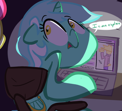 Size: 1100x1000 | Tagged: safe, artist:tess, bon bon, lyra heartstrings, sweetie drops, human, pony, unicorn, g4, caught, computer, female, floppy ears, humie, i can explain, lyra doing lyra things, mare, sitting, solo focus, wide eyes