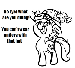 Size: 770x700 | Tagged: safe, artist:tess, lyra heartstrings, pony, unicorn, g4, antlers, female, floppy ears, grin, hat, mare, monochrome, smiling, solo