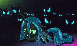 Size: 1280x768 | Tagged: safe, artist:alexmakovsky, queen chrysalis, changeling, changeling queen, nymph, g4, cute, cutealis, female, frown, glowing eyes, headcanon, looking down, prone, sad, solo focus