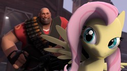 Size: 1600x900 | Tagged: safe, artist:doctorwhooves, fluttershy, human, pegasus, pony, g4, 3d, crossover, duo, female, gmod, heavy weapons guy, human male, looking at you, male, mare, minigun, smiling, team fortress 2, weapon