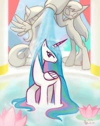 Size: 2400x3000 | Tagged: safe, artist:howxu, princess celestia, alicorn, pony, g4, bath, cute, cutelestia, female, high res, looking at you, lotus (flower), mare, shower, solo, statue, wet mane