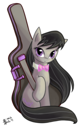 Size: 1200x1800 | Tagged: safe, artist:howxu, octavia melody, earth pony, pony, g4, bowtie, cello case, female, hooves, looking at you, mare, simple background, sitting, solo, transparent background