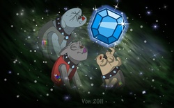 Size: 1680x1050 | Tagged: safe, artist:blue-von, fido, rover, spot, diamond dog, g4, eyes closed, gem, howling, parody, three wolf moon