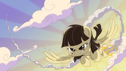 Size: 1920x1080 | Tagged: dead source, safe, artist:sibsy, wild fire, pegasus, pony, g4, female, flying, grin, mare, sky, smiling, smoke trail, solo