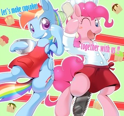Size: 777x728 | Tagged: safe, artist:oze, pinkie pie, rainbow dash, earth pony, pegasus, pony, semi-anthro, fanfic:cupcakes, abstract background, apron, arm hooves, chainsaw, clothes, cupcake, cute, dashabetes, diapinkes, duo, duo female, female, grimcute, mare, naked apron, open mouth, pixiv, smiling, this will end in death