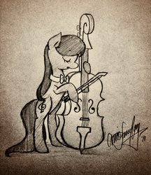 Size: 1024x1183 | Tagged: safe, artist:awesomeamz, octavia melody, earth pony, pony, g4, bipedal, black and white, bow (instrument), bowtie, cello, cello bow, eyes closed, female, grayscale, hooves, mare, monochrome, musical instrument, solo