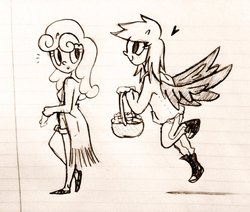 Size: 1024x869 | Tagged: safe, artist:awesomeamz, carrot top, derpy hooves, golden harvest, human, g4, basket, female, food, humanized, lesbian, lined paper, monochrome, muffin, ship:derpytop, shipping, traditional art, winged humanization, wings