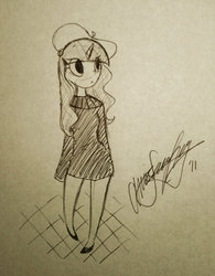 Size: 1024x1311 | Tagged: safe, artist:awesomeamz, rarity, human, g4, beatnik rarity, beret, clothes, female, hat, horn, horned humanization, humanized, monochrome, solo, sweater, traditional art
