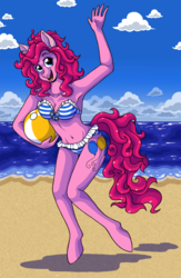 Size: 856x1314 | Tagged: safe, artist:catsncupcakes, pinkie pie, anthro, unguligrade anthro, g4, armpits, attached skirt, beach, beach ball, belly button, bikini, breasts, clothes, female, frilled swimsuit, mare, smiling, solo, striped swimsuit, swimsuit, waving