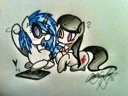 Size: 1024x768 | Tagged: safe, artist:awesomeamz, dj pon-3, octavia melody, vinyl scratch, earth pony, pony, unicorn, g4, female, lesbian, mare, no pupils, open mouth, prone, question mark, ship:scratchtavia, shipping, signature, sunglasses