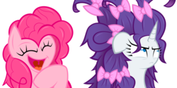 Size: 1600x800 | Tagged: dead source, safe, artist:kanistorshik, pinkie pie, rarity, earth pony, pony, unicorn, g4, alternate hairstyle, annoyed, bow, duo, duo female, female, hair bow, laughing, mare, simple background, transparent background