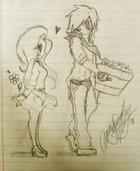 Size: 1024x1249 | Tagged: safe, artist:awesomeamz, big macintosh, fluttershy, human, g4, bandana, clothes, female, flower, humanized, lined paper, looking at each other, male, monochrome, ship:fluttermac, shipping, sketch, skirt, straight, traditional art