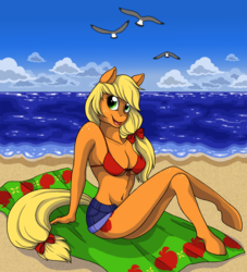 Size: 1192x1314 | Tagged: safe, artist:catsncupcakes, applejack, earth pony, anthro, unguligrade anthro, g4, beach, beach towel, belly button, bikini, breasts, busty applejack, cleavage, clothes, female, freckles, leg freckles, looking at you, shoulder freckles, sitting, solo, swimsuit