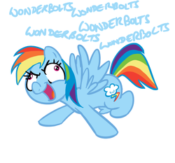 Size: 685x638 | Tagged: safe, artist:elslowmo, artist:shoutingisfun, part of a set, rainbow dash, pegasus, pony, g4, female, flanderization, mare, one word, open mouth, shouting's characters, simple background, solo, white background