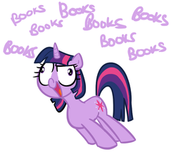 Size: 685x638 | Tagged: safe, artist:elslowmo, artist:shoutingisfun, part of a set, twilight sparkle, pony, unicorn, g4, book, bookhorse, derp, female, flanderization, mare, one word, shouting's characters, simple background, solo, that pony sure does love books, unicorn twilight, white background