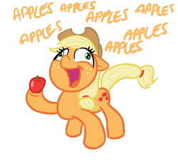 Size: 685x638 | Tagged: safe, artist:elslowmo, artist:shoutingisfun, part of a set, applejack, earth pony, pony, g4, apple, applenese, female, flanderization, mare, obligatory apple, one word, shouting's characters, simple background, solo, that pony sure does love apples, white background