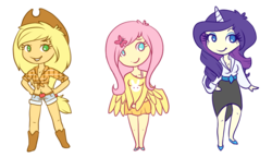 Size: 896x516 | Tagged: safe, artist:alligatored, applejack, fluttershy, rarity, human, g4, belly button, bra strap, clothes, female, front knot midriff, horned humanization, humanized, midriff, no pupils, off shoulder, simple background, skirt, smiling, sweater, sweatershy, transparent background, winged humanization