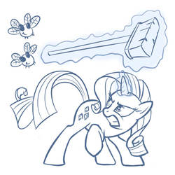 Size: 620x620 | Tagged: safe, artist:averagedraw, rarity, parasprite, pony, unicorn, g4, angry, broom, female, gritted teeth, looking back, mare, monochrome, raised hoof, solo