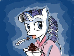 Size: 900x675 | Tagged: safe, artist:aa, rarity, pony, unicorn, g4, abstract background, alternate hairstyle, aside glance, bathrobe, cake, clothes, eating, female, food, hair curlers, magic, mare, open mouth, plate, robe, solo