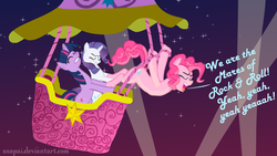 Size: 1280x720 | Tagged: safe, artist:snapai, pinkie pie, rarity, twilight sparkle, earth pony, pony, unicorn, g4, alvin and the chipmunks, balloon, dialogue, eyes closed, falling, female, flying, hot air balloon, mare, night, singing, the chipmunk adventure, trio, twinkling balloon