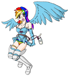 Size: 857x949 | Tagged: safe, artist:eradose, rainbow dash, human, g4, breasts, cleavage, clothes, cosplay, dress, female, humanized, nanael, panties, queen's blade, rainbow underwear, shoes, simple background, skirt, sneakers, socks, solo, striped underwear, thigh highs, transparent background, underwear, upskirt, winged humanization