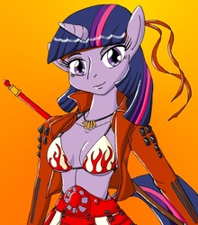 Size: 725x824 | Tagged: safe, artist:eradose, twilight sparkle, unicorn, anthro, g4, bikini, breasts, clothes, crossover, female, human facial structure, sanada yukimura, sengoku basara, simple background, solo, spear, swimsuit, weapon