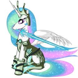 Size: 1000x1000 | Tagged: safe, artist:cheshiresdesires, princess celestia, alicorn, pony, g4, armor, crossover, female, mare, monster hunter, mouth hold, simple background, sitting, solo, sword, transparent background, weapon