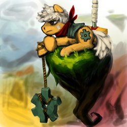 Size: 894x894 | Tagged: safe, artist:white-pwny, earth pony, pony, bandana, bastion (game), cog, colt, hammer, male, ponified, prone, solo, the kid