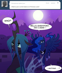 Size: 1160x1372 | Tagged: safe, artist:tarajenkins, princess luna, queen chrysalis, alicorn, changeling, changeling queen, pony, cupidite, g4, duo, duo female, female, mare, moon, night