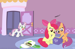 Size: 1920x1253 | Tagged: safe, artist:naterrang, apple bloom, scootaloo, sweetie belle, earth pony, pegasus, pony, unicorn, g4, betrayal, blushing, book, bullying, carousel boutique, crying, cutie mark crusaders, diary, female, filly, laughing